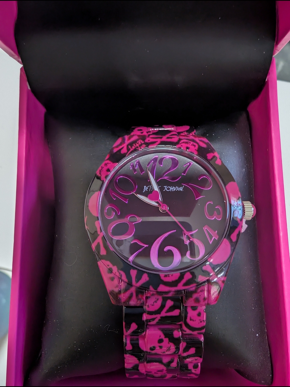 Betsey Johnson Black and Hot Pink Skull Motif Women's Watch